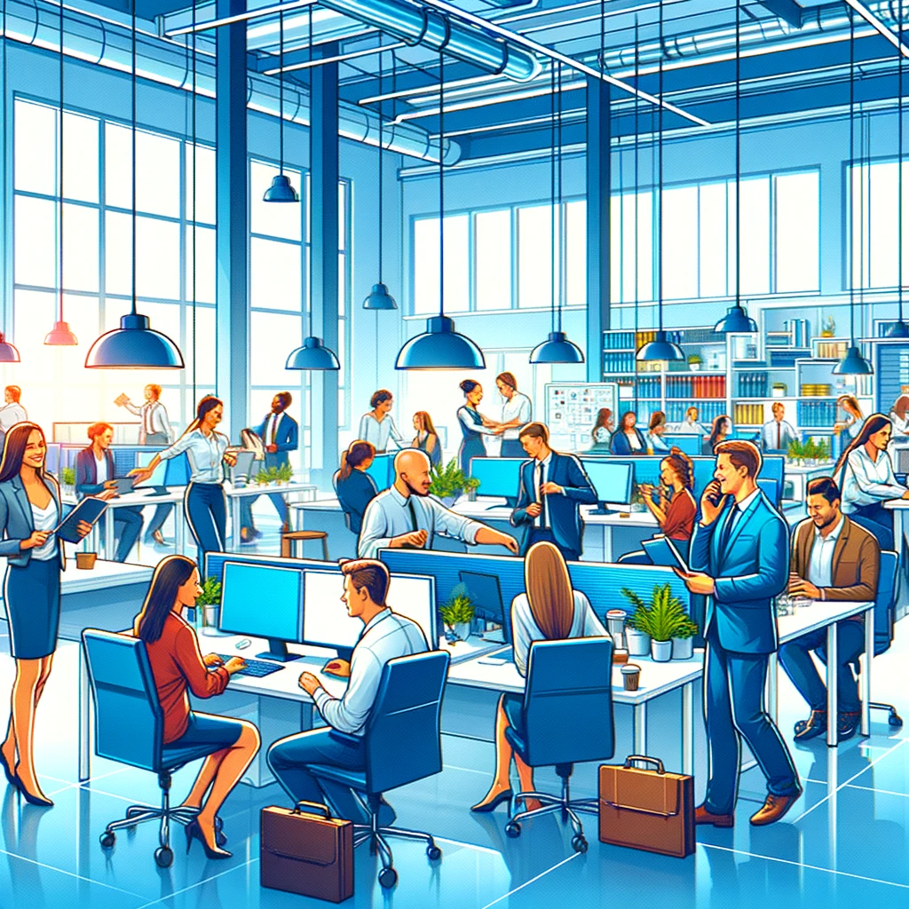 happy employees and their positive impact on a business. The scene depicts a vibrant and lively office setting with employees of various descents engaging in collaborative and positive interactions, symbolizing a productive and motivating white-collar work environment